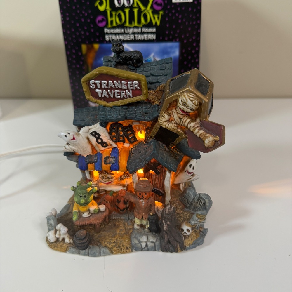 Spooky Hollow Stranger Tavern Lighted House Halloween Village Porcelain Decor
